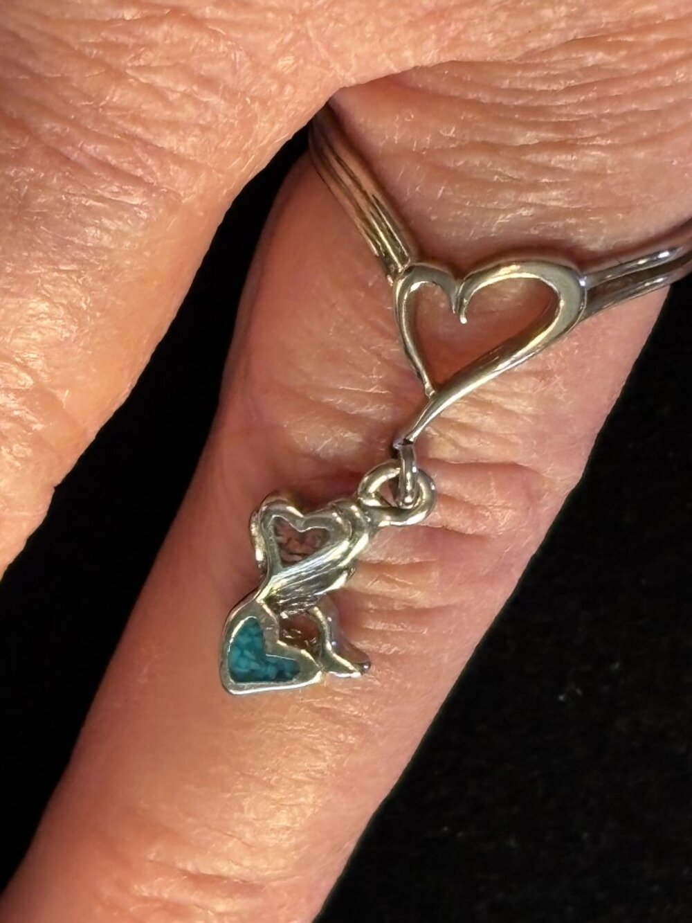 Vintage Silver Tone Metal Heart Ring with Double Turquoise Heart Dangle Size 8